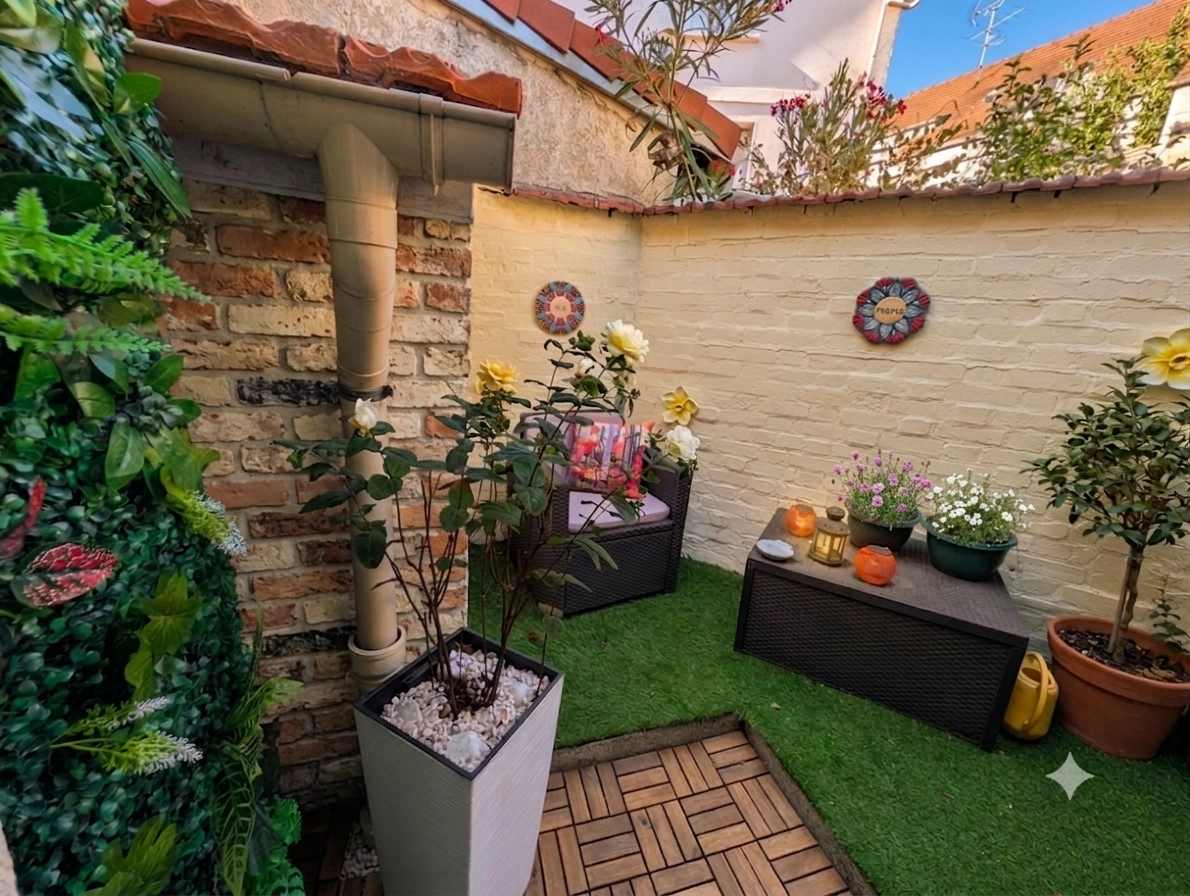 Petite terrasse privée végétalisée du salon, mur en briques et mobilier d'extérieur