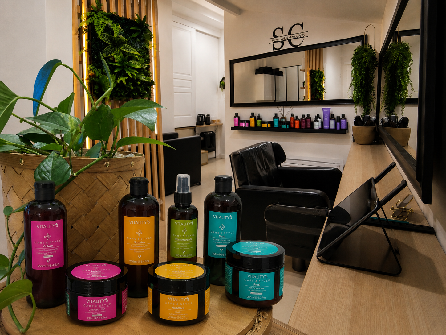 Produits VITALITY'S sélectionnés dans l'atelier, au milieu d'un espace végétalisé et lumineux